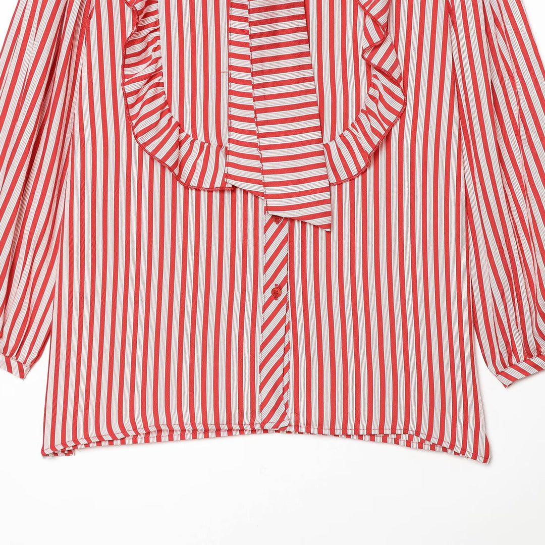 Women Striped Blouse with Ruffle Yoke and Bow Collar Amarae
