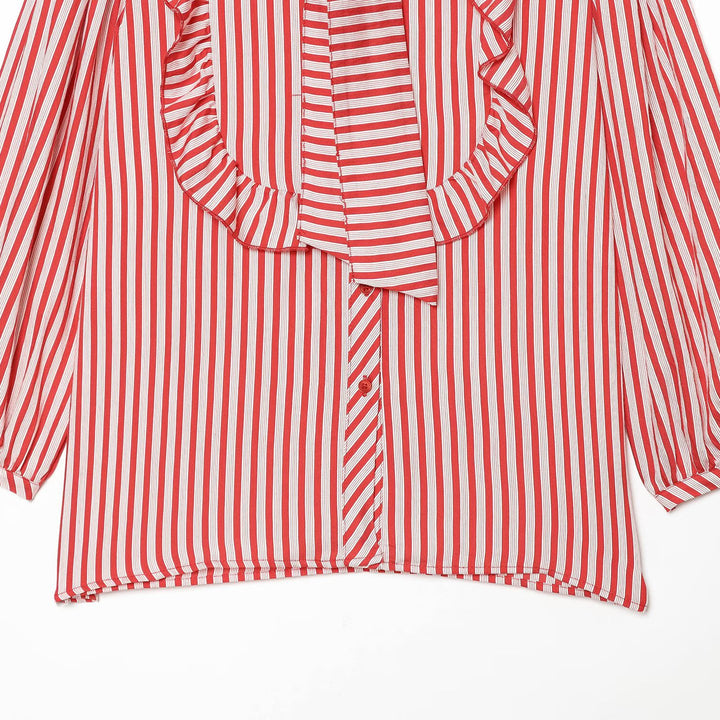 Women Striped Blouse with Ruffle Yoke and Bow Collar Amarae