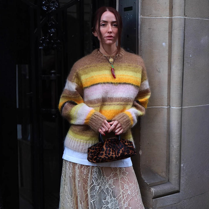 Women's Cozy Striped Sweater made of fluffy Mohair mix with round neckline and oversized silhouette