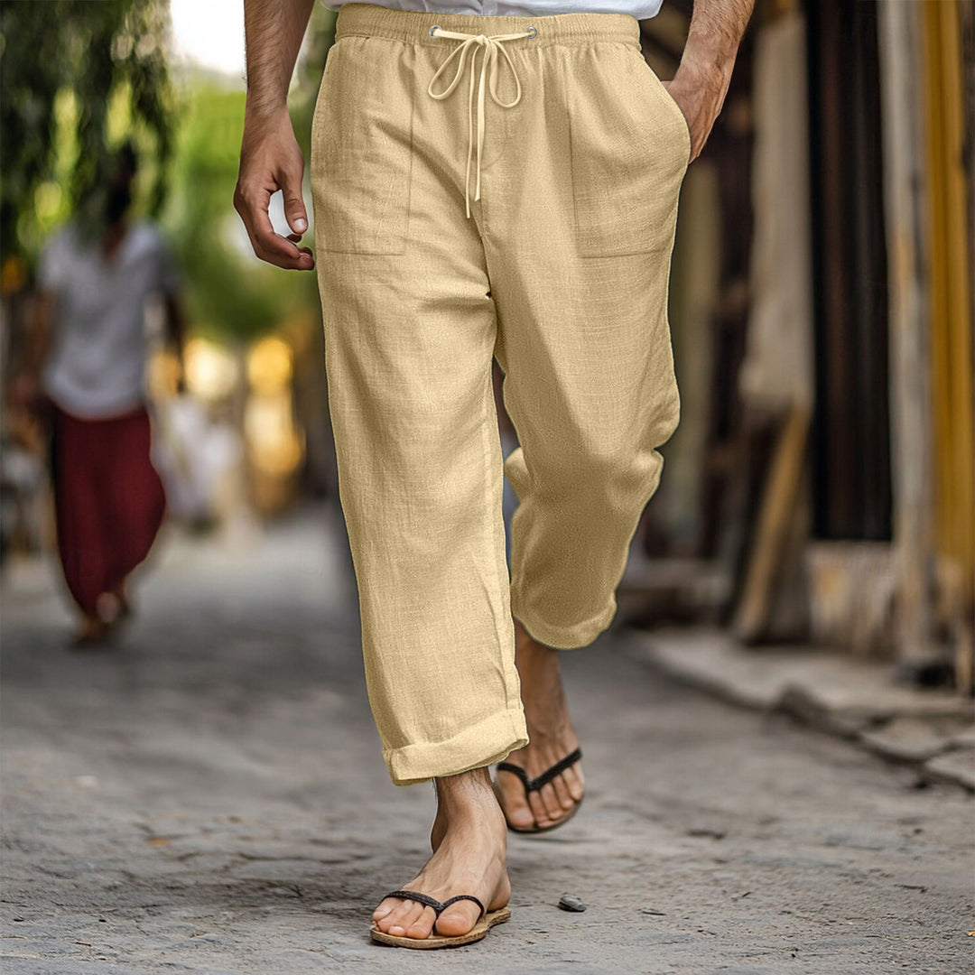 Casual and breathable linen pants for men with elastic waistband and practical side pockets Lune London