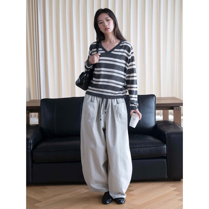 Women Casual V-Neck Striped Fine Knit Oversized Long Sleeve Top