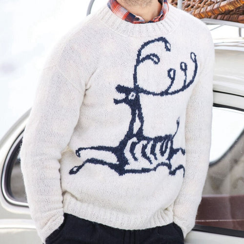 Large sweater for men with festive reindeer pattern and high-quality wool blend Amarae