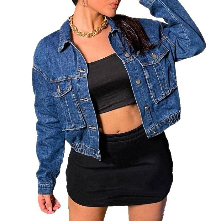 Women’s short-cut cropped denim jacket with elastic waistband and flap pockets Amarae