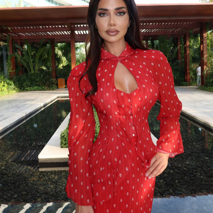Women's Tailored Midi Dress with Keyhole Neckline, Peplum and Long Puff Sleeves Amarae