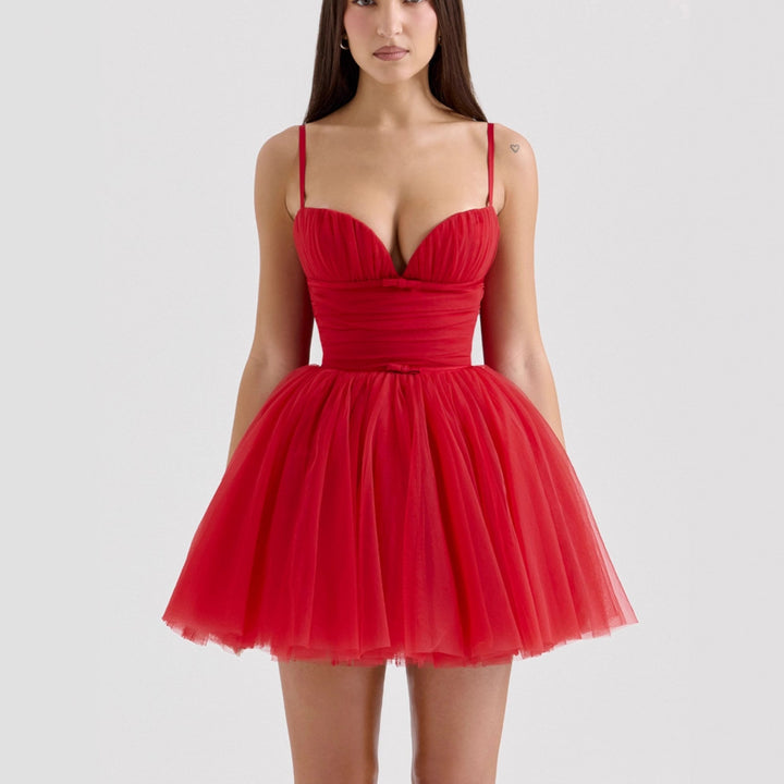 Women's tulle cocktail dress with deep V-neck and gathered bodice Lune London