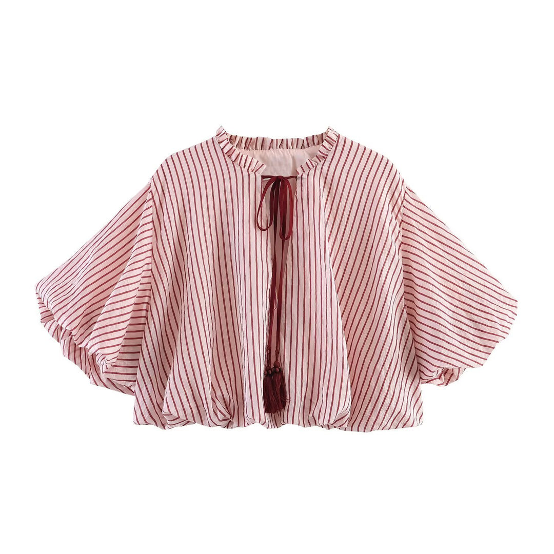 Women's Striped Oversize Blouse with Tassel Band and Volume Sleeves Amarae