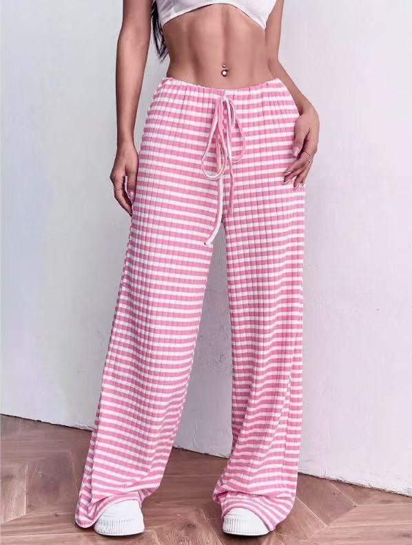 Wide plaid trousers for women with elastic waistband and adjustable drawstring Lune London
