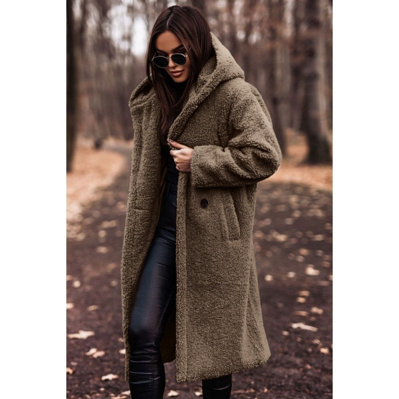 Ladies Plush Teddy Coat with Hood and Button Details Lune London