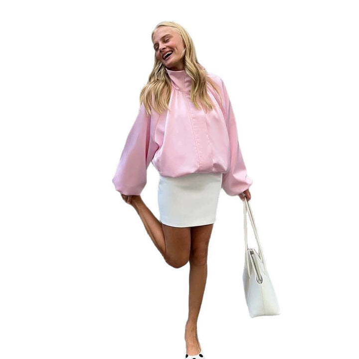 Ladies oversized blouse with stand-up collar, gathered shoulder yoke and balloon sleeves Amarae