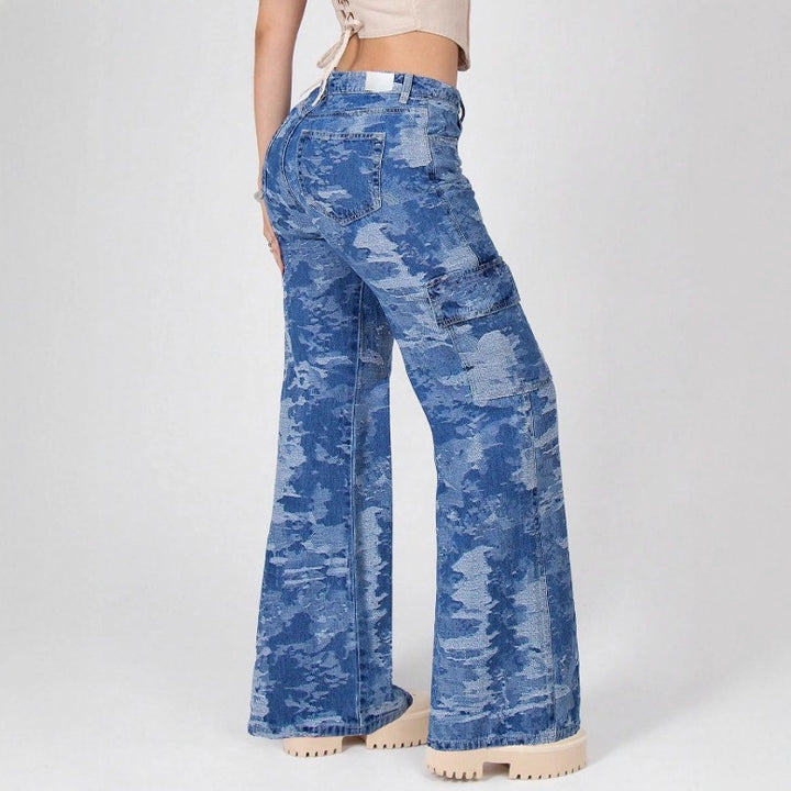 Women’s High-Waisted Palazzo Cargo Jeans made of Camouflage Denim with Patch Pockets Amarae