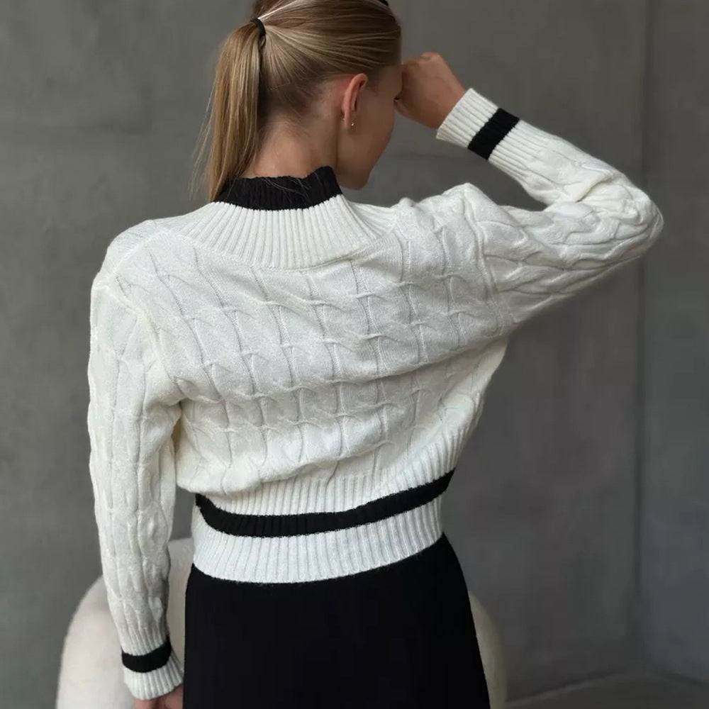 Short knitted sweater for women with V-neck and contrasting stripes Lune London