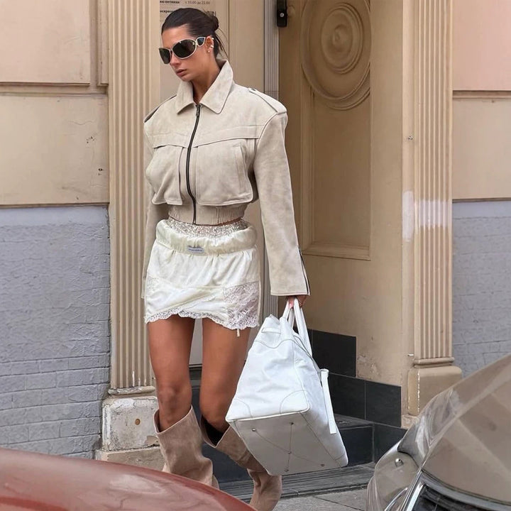 Women's Short Cut Suede Bomber Jacket with Zipper and Tailored Ribbed Cuffs Amarae