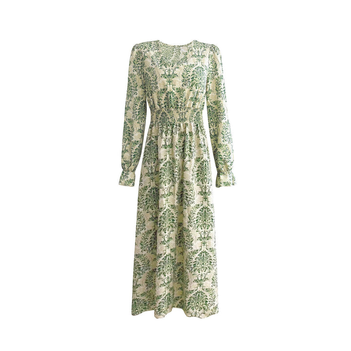 Long maxi dress for women with floral Jacquard pattern and voluminous sleeves Lune London
