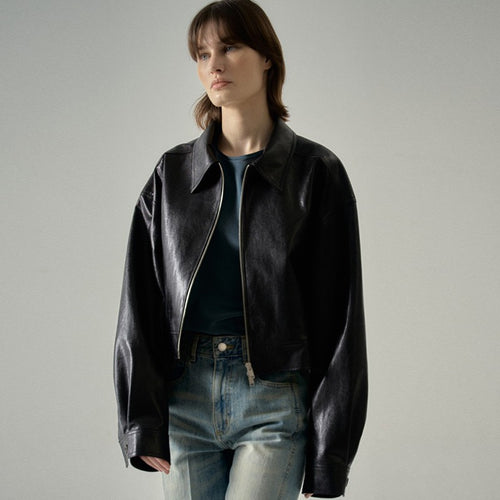 Women's leather jacket with modern oversized cut and innovative details Amarae
