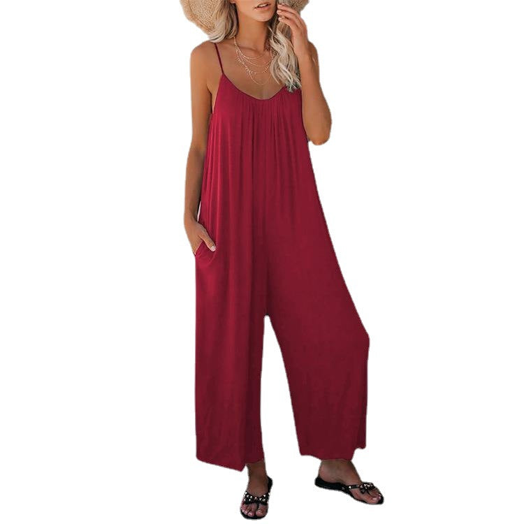 Casual summer jumpsuit for women with plunging neckline and practical pockets Lune London