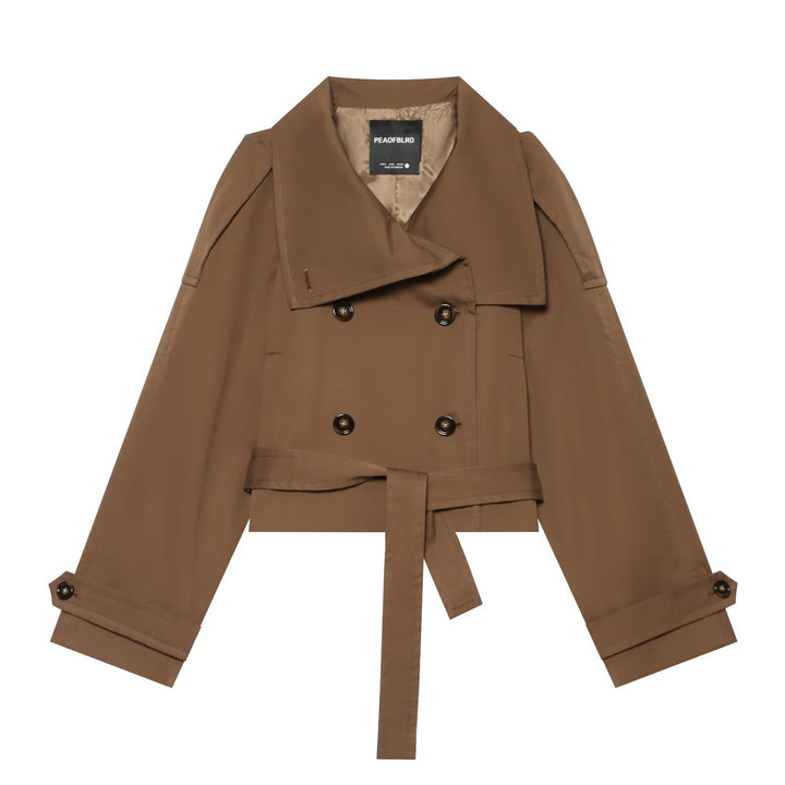 Women's Short Trench Coat in Cropped Cut with Double-Breasted Button Placket and Waist Belt Amarae