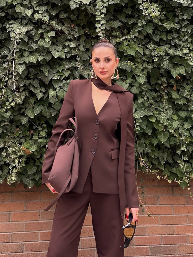 Women's Elegant Tailored Blazer-Pants Set with Integrated Scarf and V-Neck Amarae