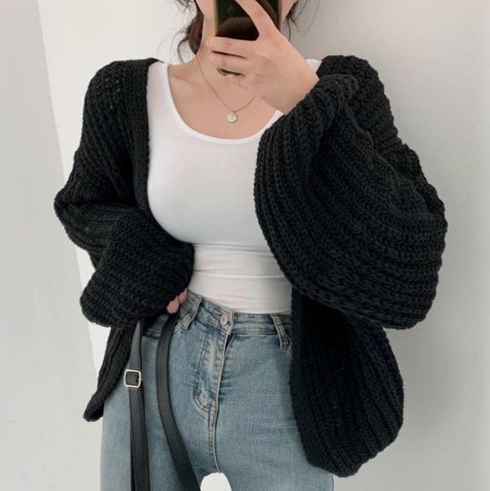 Oversized thick knit cardigan for women with deep V-neck Lune London