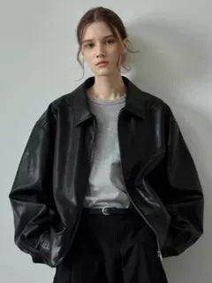 Women's Leather Jacket in Casual Oversized Cut with Practical Pockets Lune London