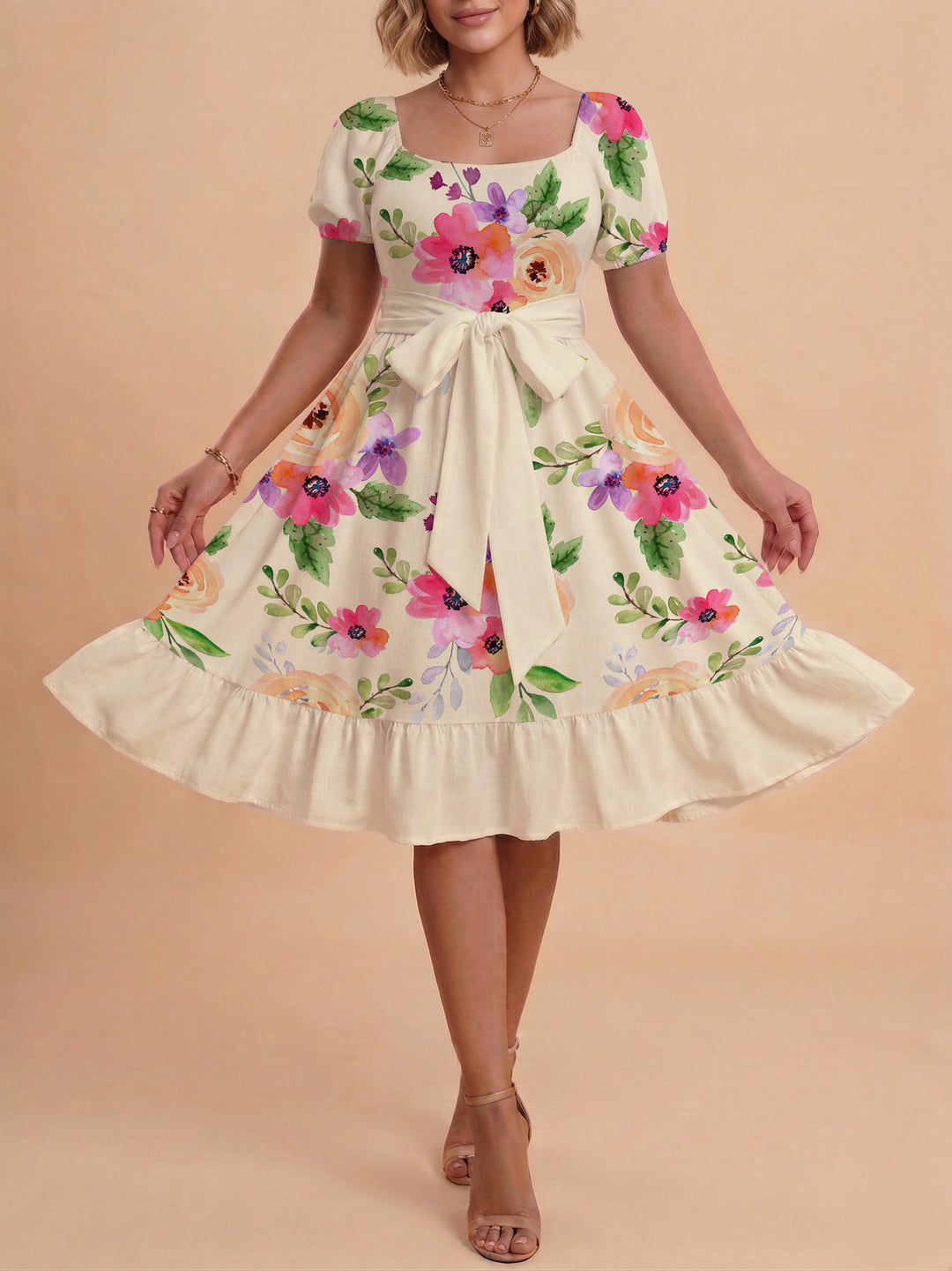 Women's floral dress with adjustable belt and voluminous sleeves Lune London
