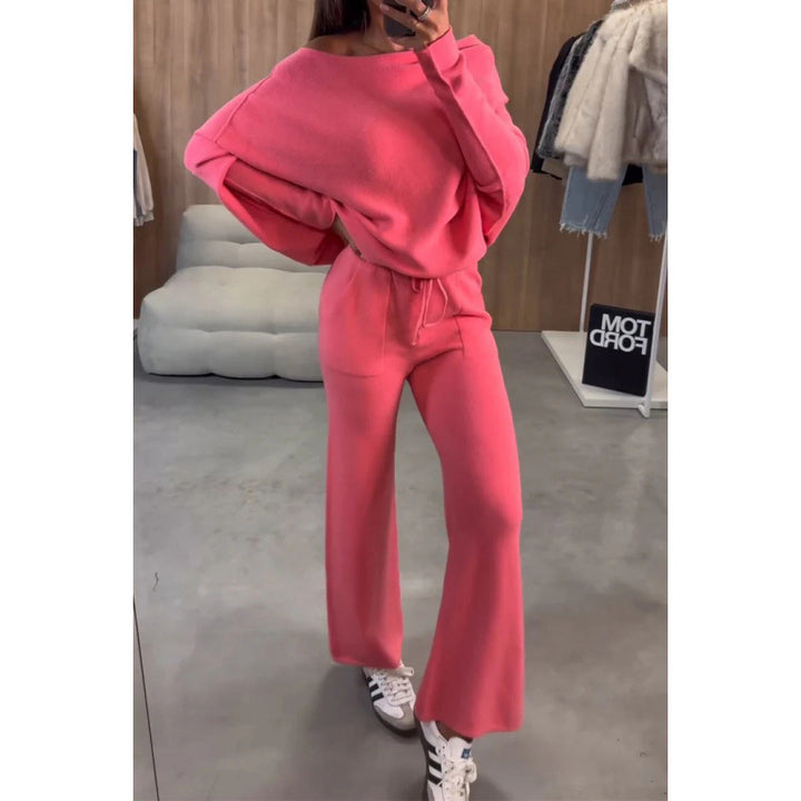 Women's Knit Loungewear Set with Oversized Shoulder, Wide Leg and Drawstring Amarae