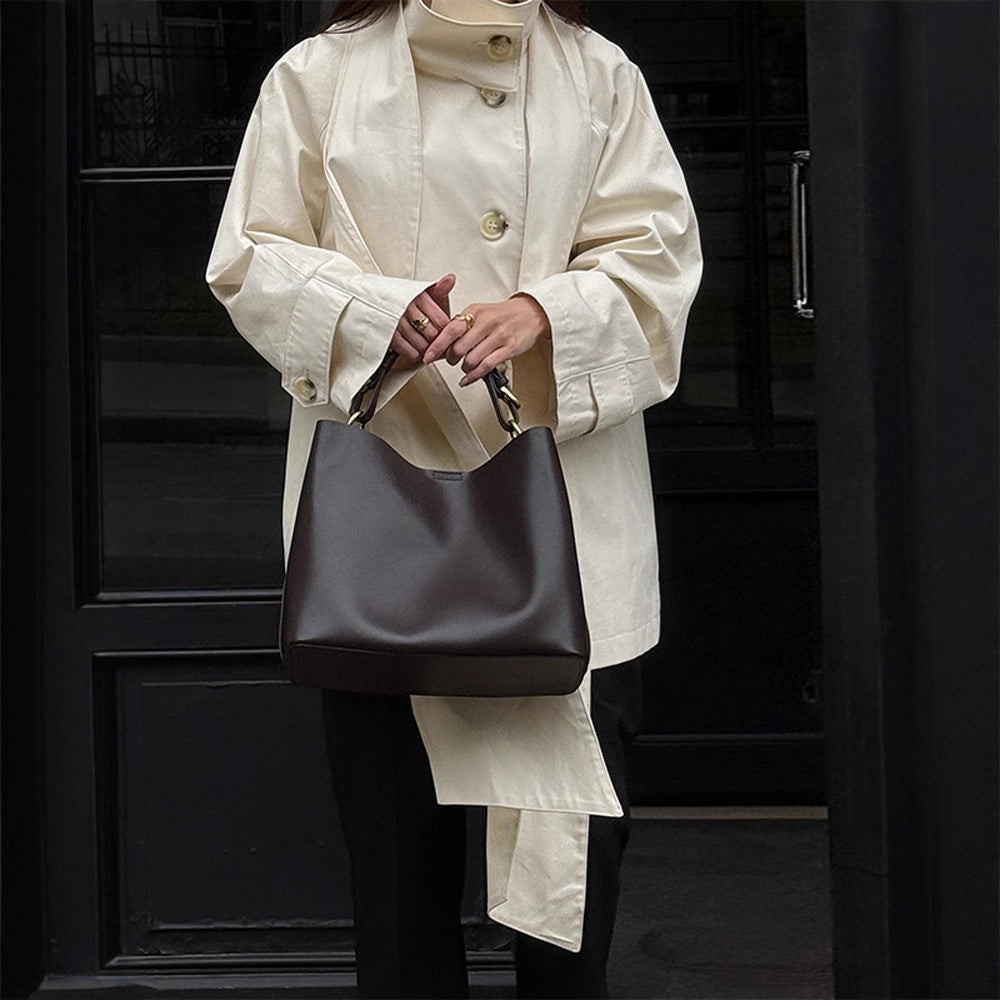 Ladies Short Oversize Trench Coat with High Stand-Up Collar, Concealed Button Placket & Wide Cuffs Amarae