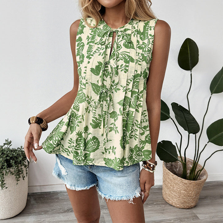 Ladies Floral Pleated Keyhole Tank Top Lune London