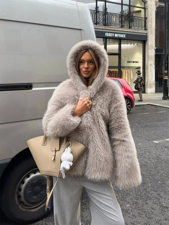 Women's Hooded Faux Fur Short Jacket with Dense Long Pile and Oversize Silhouette Amarae