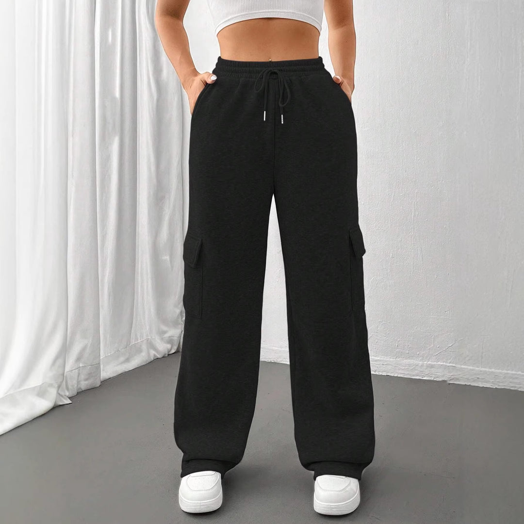 Ladies cargo jogging pants with high elastic waistband, drawstring, and wide leg Amarae