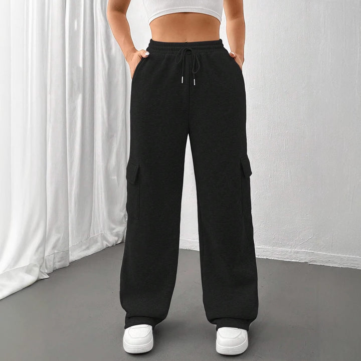 Ladies cargo jogging pants with high elastic waistband, drawstring, and wide leg Amarae