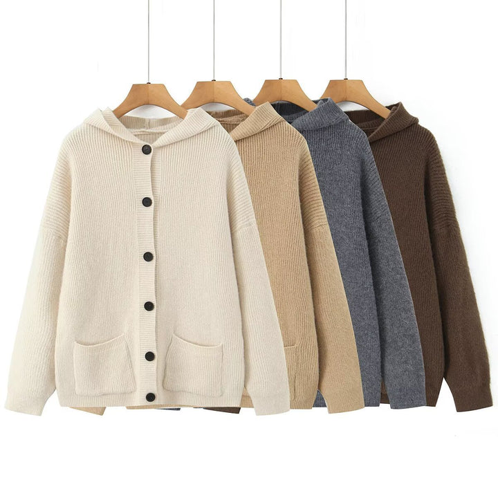Ladies cozy knit sweaters with hood and pockets Lune London