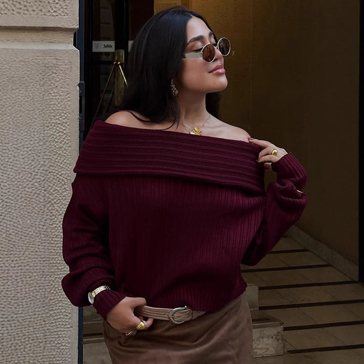 Women Off-Shoulder Ribbed Knit Sweater with Wide Folded Collar Amarae