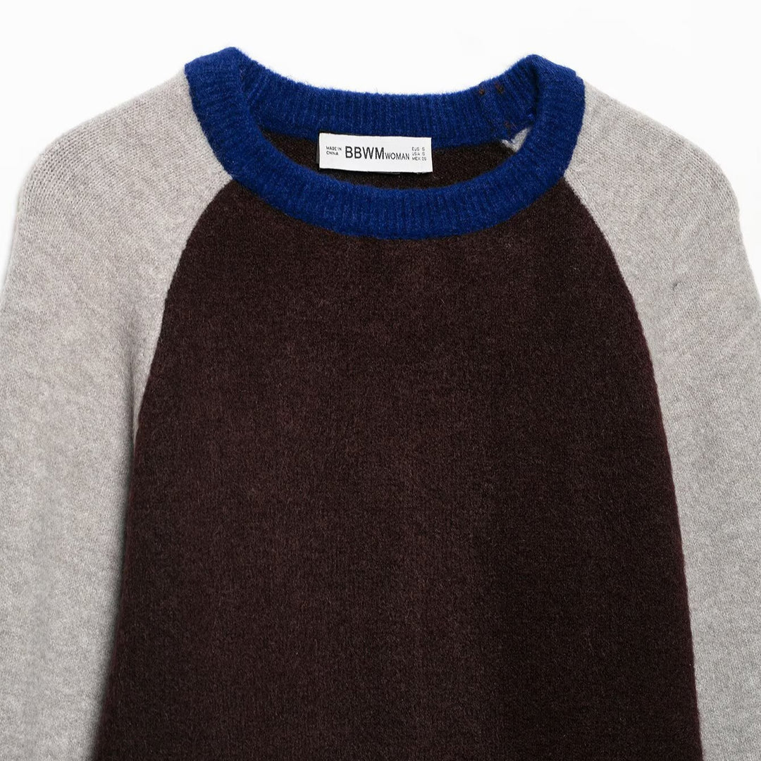 Women's Color Block Round Neck Sweater with Raglan Sleeves Amarae