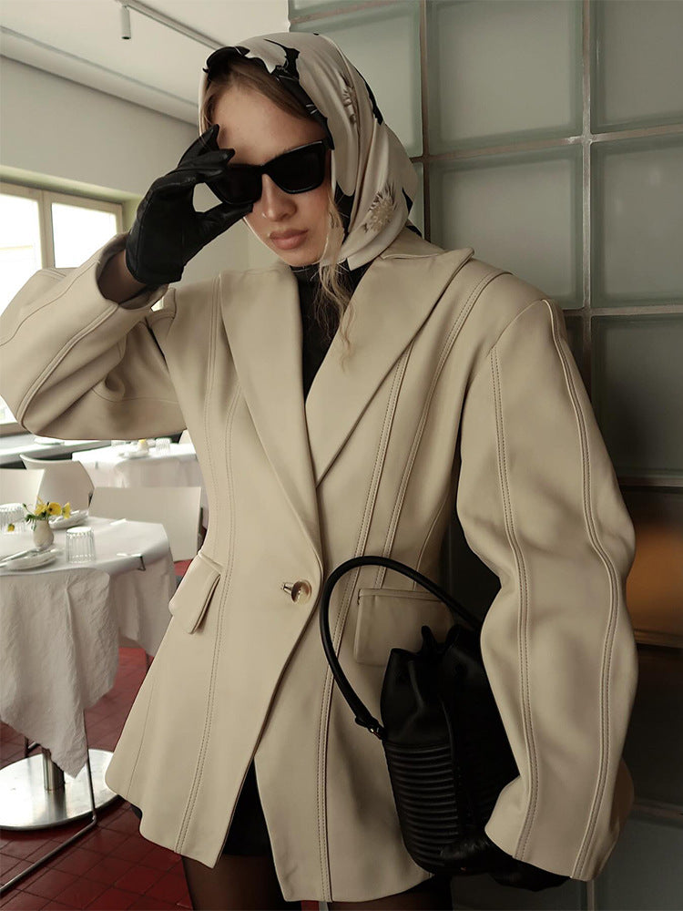 Women Tailored Faux Leather Blazer with Princess Seams and Structured Shoulder Amarae