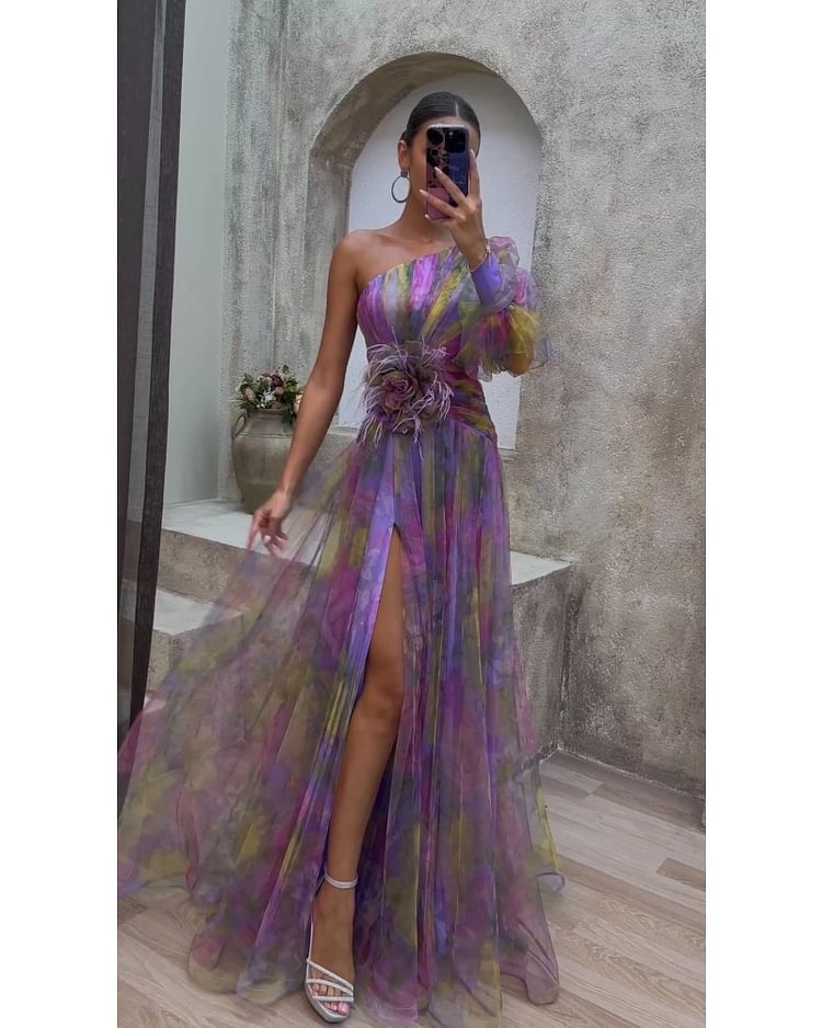 Women's evening dress with asymmetric design and floral accents Lune London