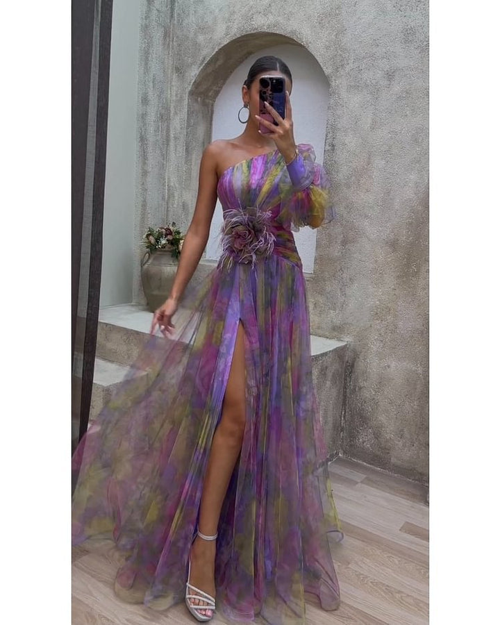 Women's evening dress with asymmetric design and floral accents Lune London