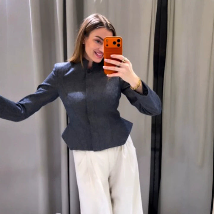 Women's short blazer with stand-up collar, fitted peplum, and concealed button placket Amarae