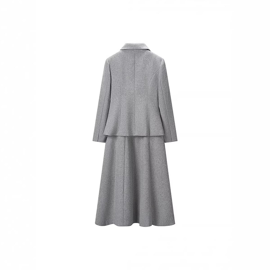 Ladies Two-Piece Boucle Tweed Set with Fitted Button Blazer and Flared Midi Skirt Amarae