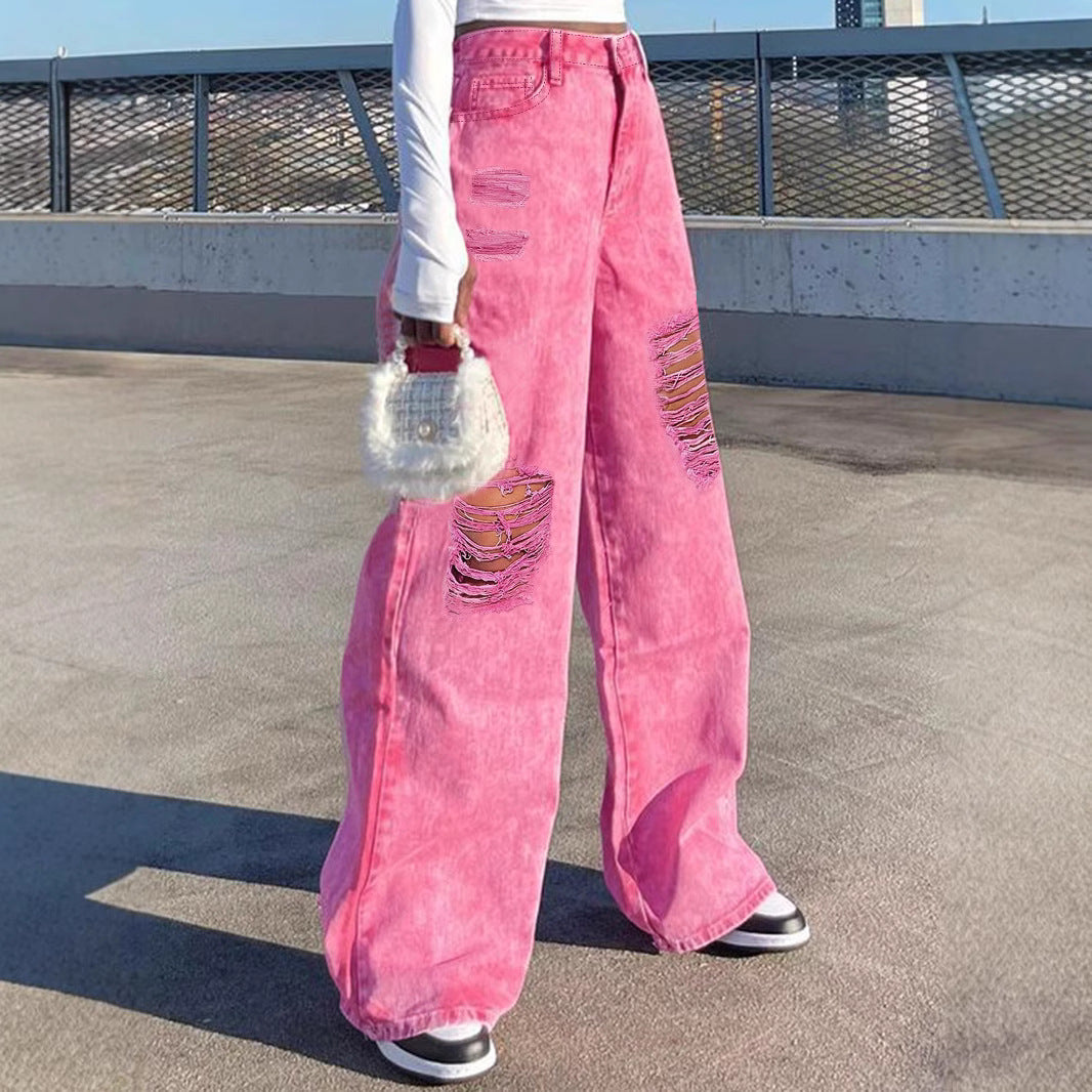 Women High-Waisted Wide Denim Palazzo Pants with Eye-Catching Ripped Inserts Amarae