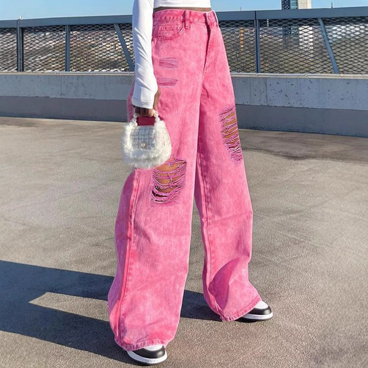 Women High-Waisted Wide Denim Palazzo Pants with Eye-Catching Ripped Inserts Amarae