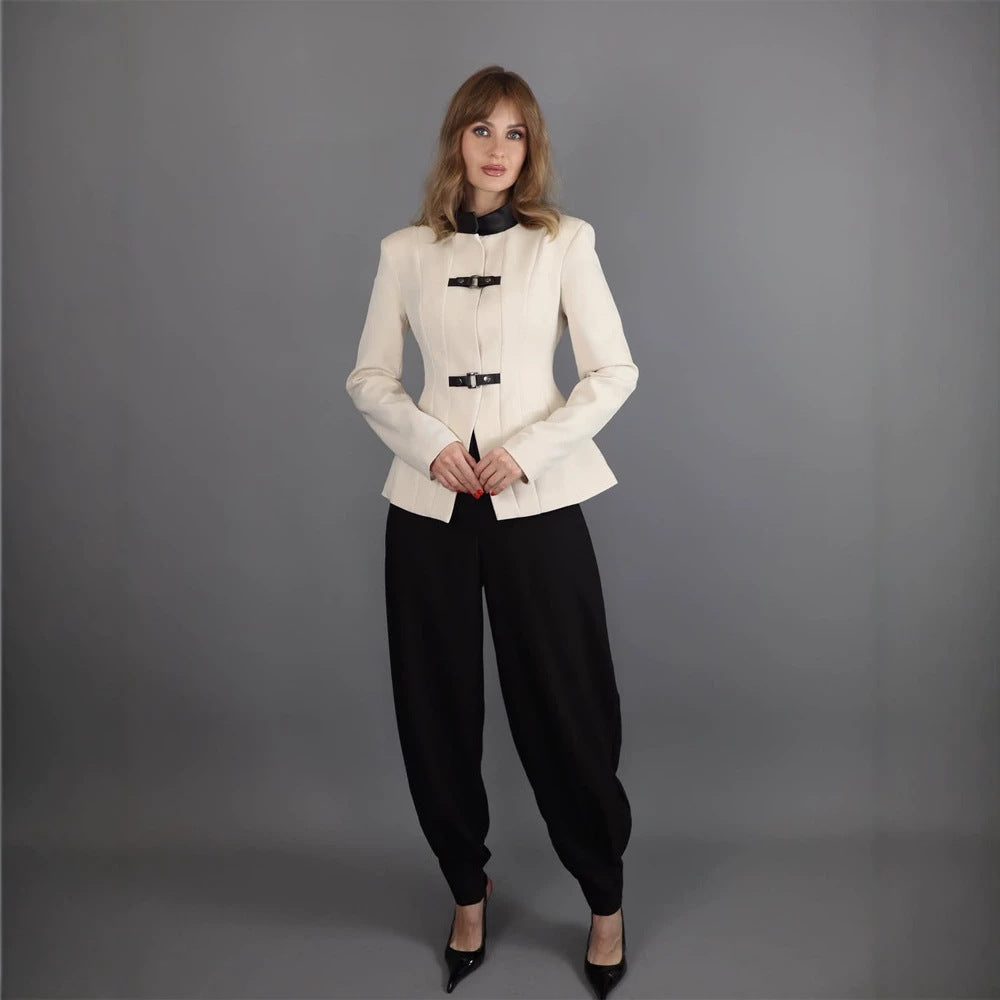 Women's Tailored Blazer with Stand-Up Collar, Waist Seams, and Decorative Strap Closures Amarae