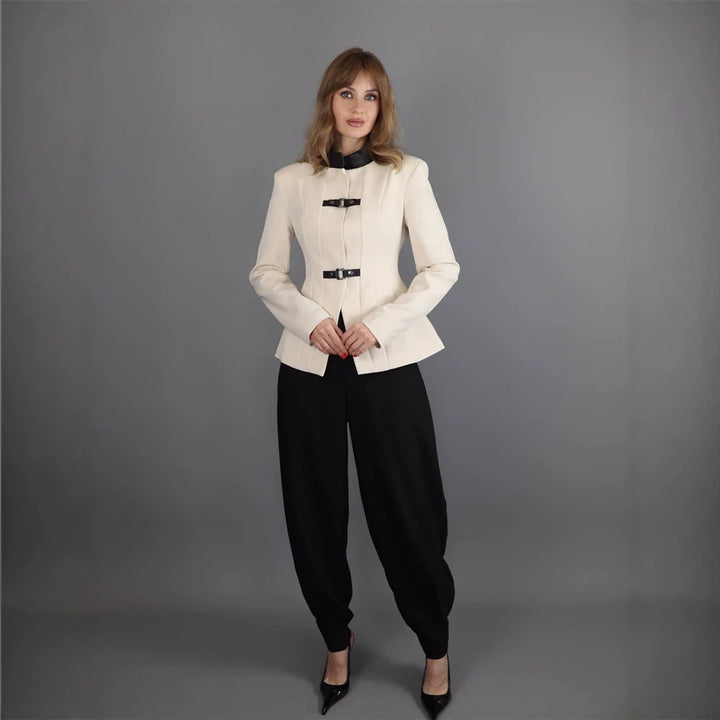 Women's Tailored Blazer with Stand-Up Collar, Waist Seams, and Decorative Strap Closures Amarae
