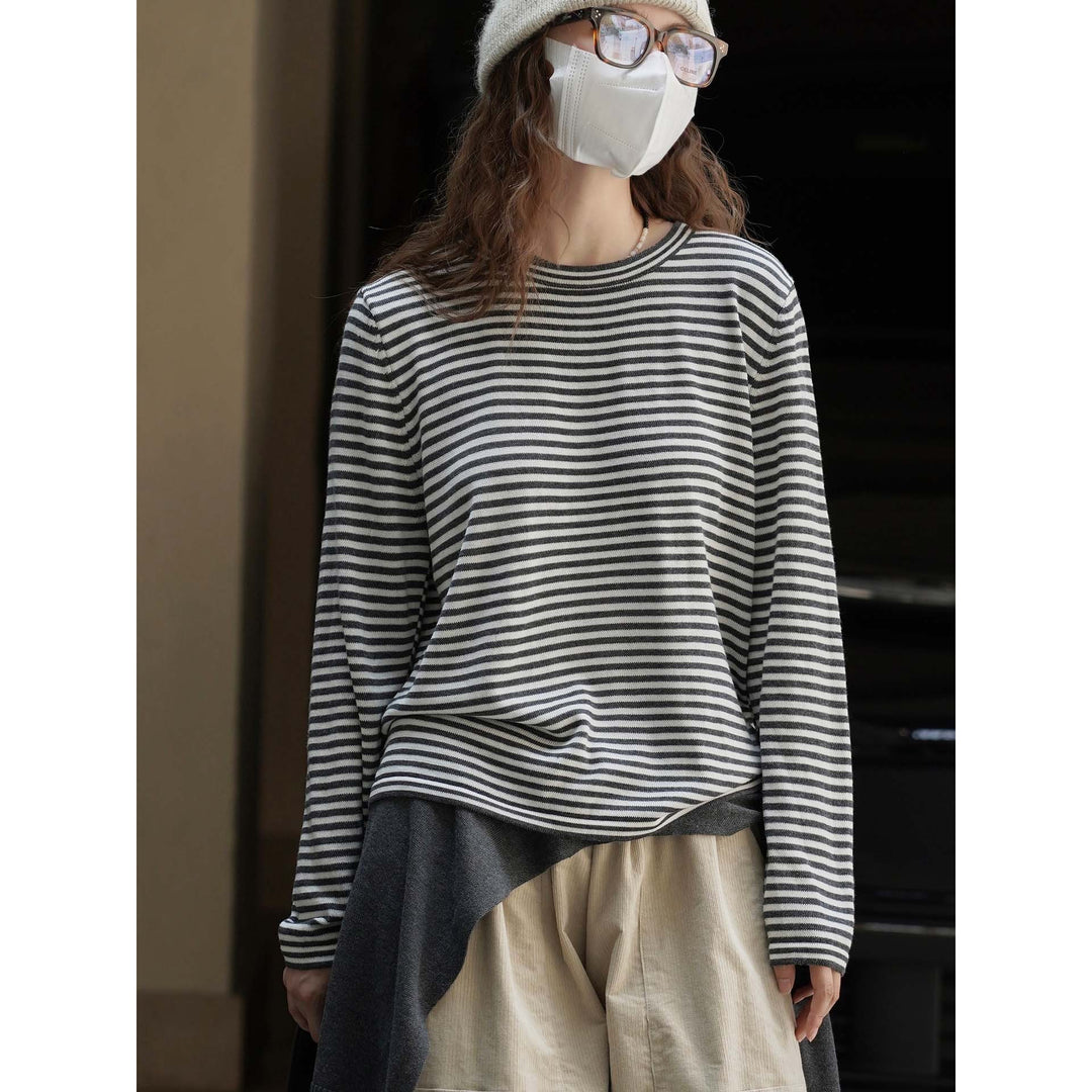 Women’s Maritime Oversize Knit Shirt with Fine Rib Structure and Round Neck Amarae