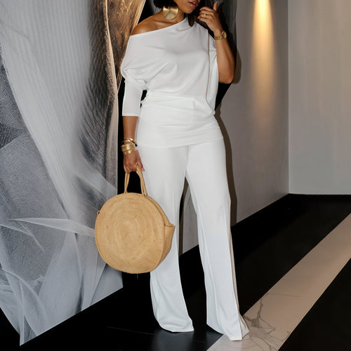 Woman Elegant set with a beautiful one-shoulder top and wide pants Amarae