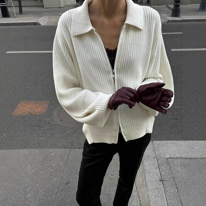 Women Ribbed Cardigan with Zipper, Shirt Collar & Balloon Sleeves Amarae