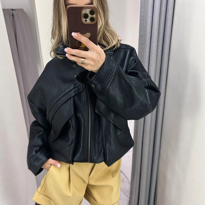 Women's Oversize Bomber Jacket made of textured faux leather with overlapping flap front Amarae