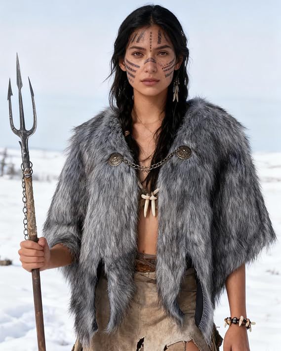 Women's short cape made of dense faux fur with decorative chain closure and zigzag hem Amarae