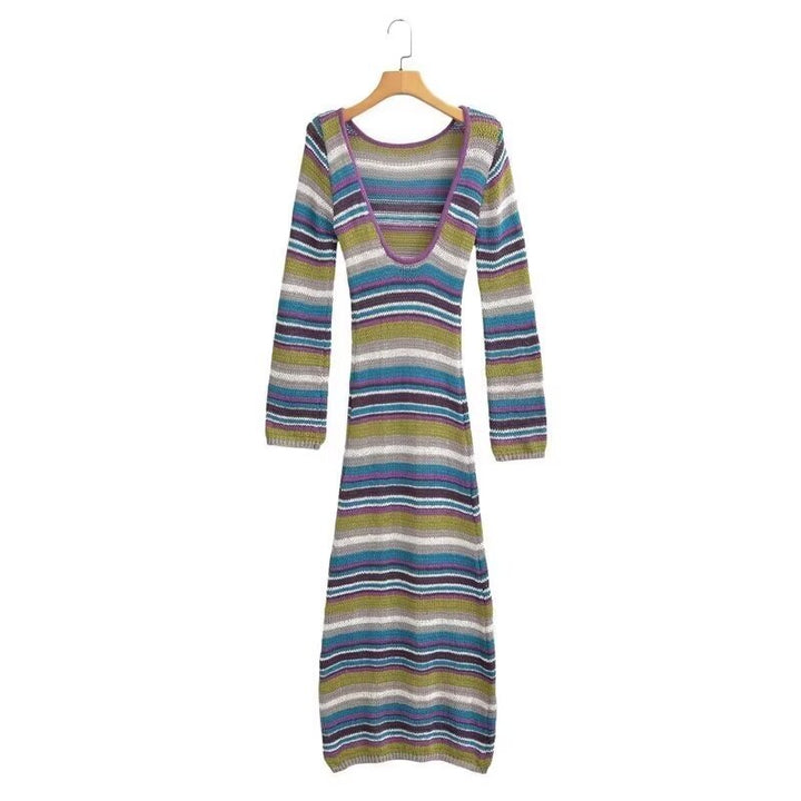 Women's Fitted Fine Knit Midi Dress with Striped Pattern and Round Neckline Amarae