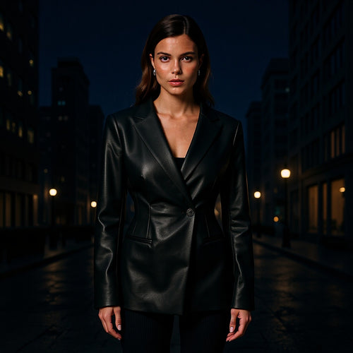 Veste blazer en faux cuir pour femmes avec poches discrètes et coupe moderne Chic & Stil