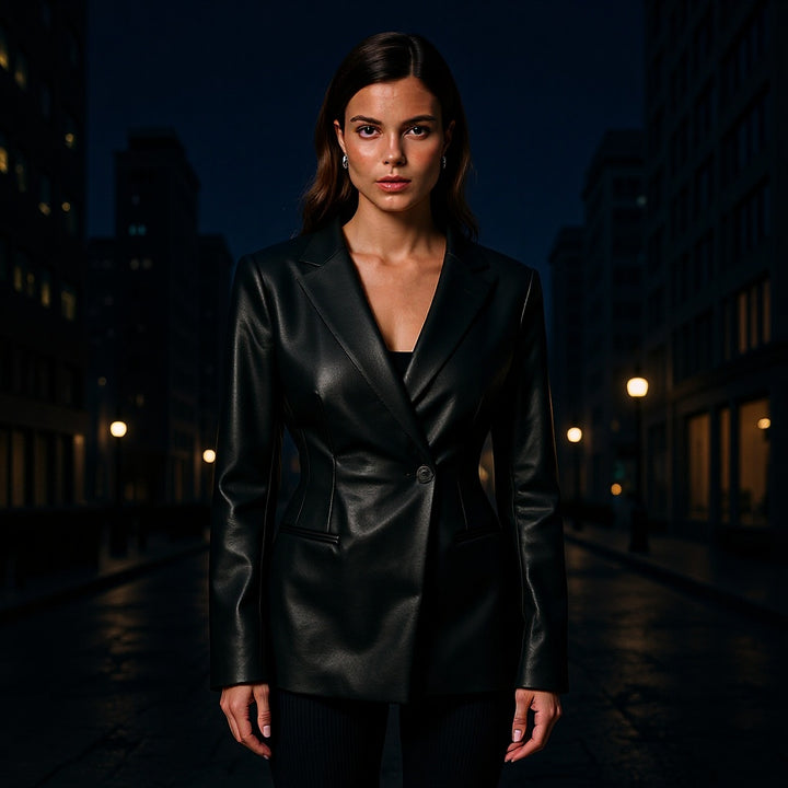 Women's Tailored Faux Leather Blazer with Single Button and Contoured Silhouette Amarae